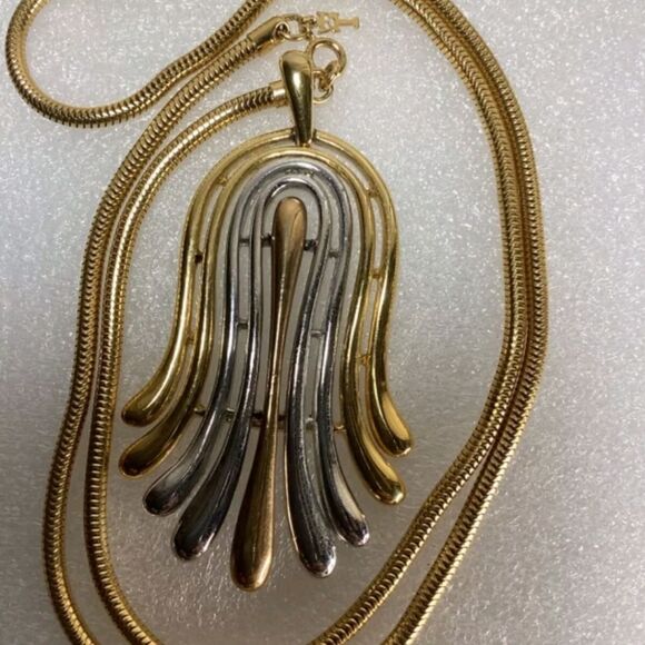 VTG CROWN TRIFARI GOLDTONE & SILVERTONE HINGED NECKLACE MODERNIST DESIGN 16" - Picture 5 of 8